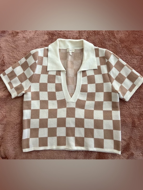 debut Sweaters - debut Beige and Cream Checked V-Neck Polo Sweater